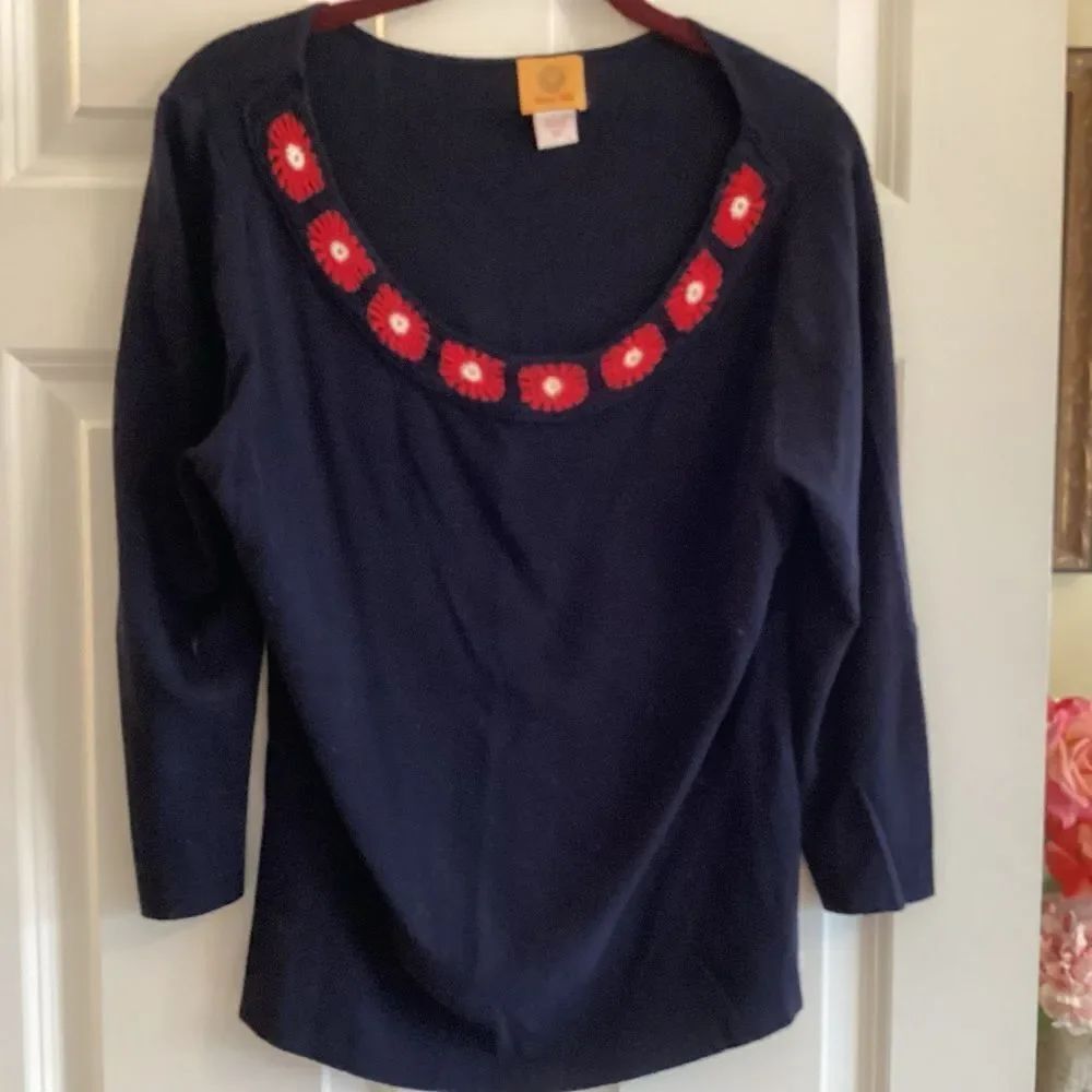 EUC Ruby Rd. Brand Navy Blue Knit Sweater Top  Crocheted Red Floral Accents  L
